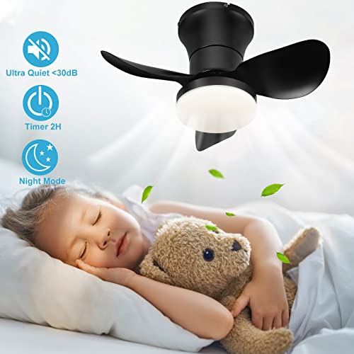 Ceiling Fan with Lights and Remote - 21'' Small Modern Ceiling Fan Remote & APP Control - Dimmable Metal Blades Flush Mount Quiet Mini Ceiling Fans Lights for Kitchen Dining Room Bedroom(Black)