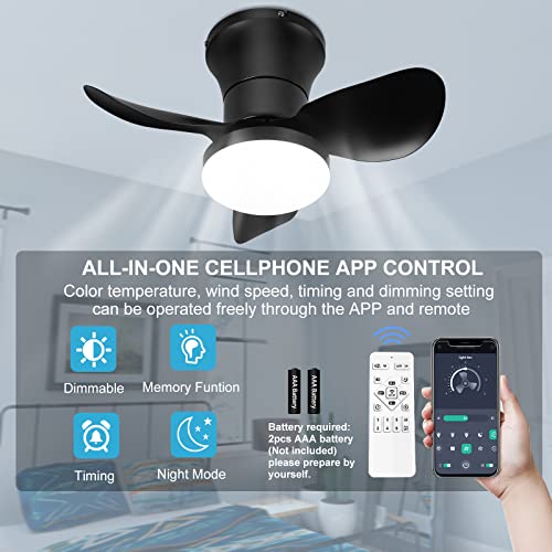 Ceiling Fan with Lights and Remote - 21'' Small Modern Ceiling Fan Remote & APP Control - Dimmable Metal Blades Flush Mount Quiet Mini Ceiling Fans Lights for Kitchen Dining Room Bedroom(Black)