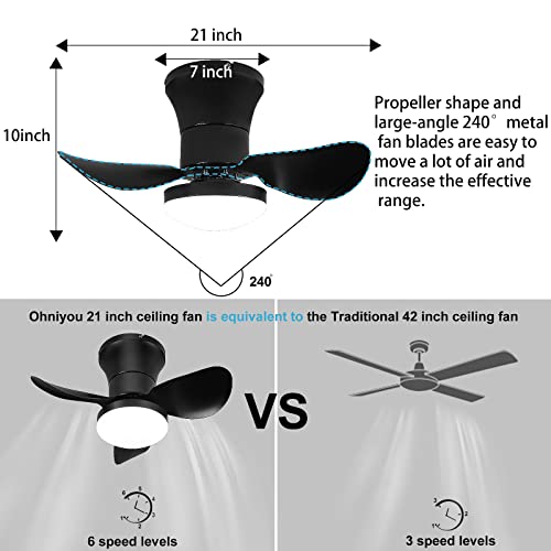 Ceiling Fan with Lights and Remote - 21'' Small Modern Ceiling Fan Remote & APP Control - Dimmable Metal Blades Flush Mount Quiet Mini Ceiling Fans Lights for Kitchen Dining Room Bedroom(Black)