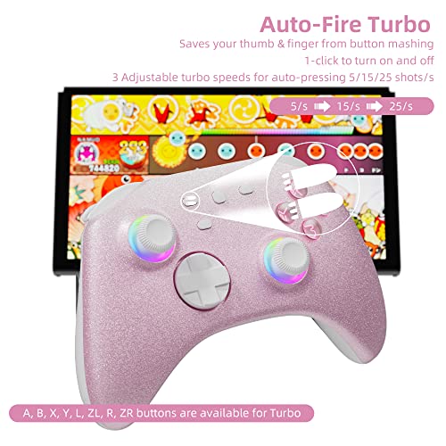 Gradient Pink Wireless Switch Controller Compatible with Nintendo Switch/OLED/Lite Steam Deck, Mytrix Pro Controller with Turbo, Motion, Vibration, Wake-Up, Headphone Jack and Dynamic Joystick RGB Lighting