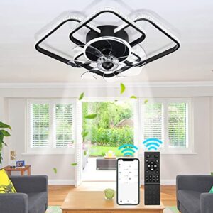 Ceiling Fans with Lights,27" Modern Flush Mount Ceiling Fan with Geometric Dimmable LED Light,Remote Controlled Ceiling Fan 6 Speed Adjustable Smart Ceiling Fans for Bedroom Living Room Decoration