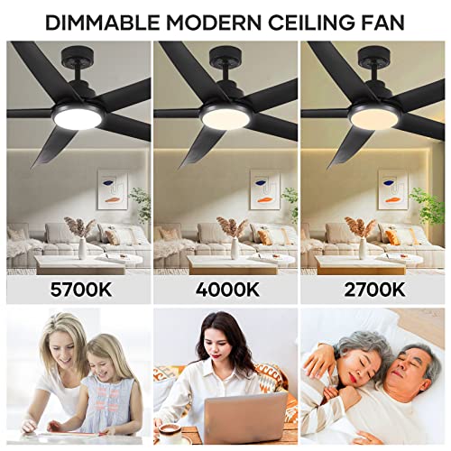 YZEENM Outdoor Ceiling Fan with Light, 60 Inch Black Ceiling Fan with Remote, Modern Dimmable LED Ceiling Fan Light with 5 ABS Blades, Farmhouse Reversible DC Motor Ceiling Fans for Patios Bedrooms