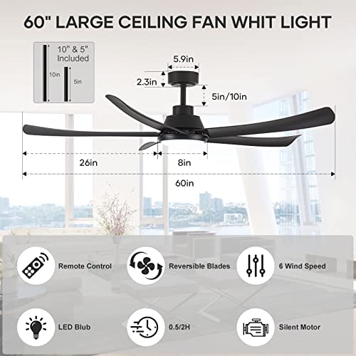 YZEENM Outdoor Ceiling Fan with Light, 60 Inch Black Ceiling Fan with Remote, Modern Dimmable LED Ceiling Fan Light with 5 ABS Blades, Farmhouse Reversible DC Motor Ceiling Fans for Patios Bedrooms