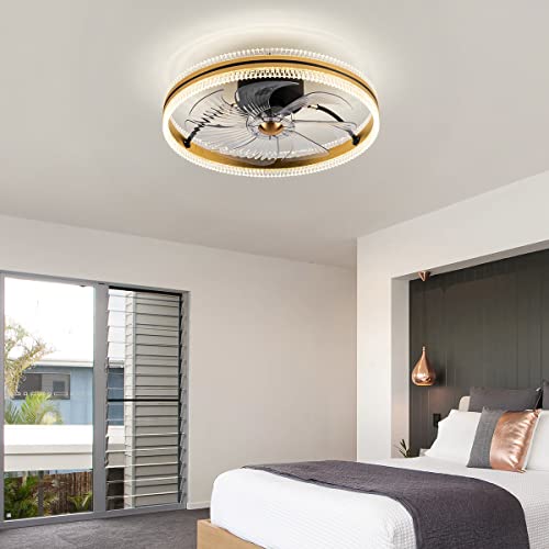 EKIZNSN Low Profile Flush Mount Ceiling Fan for Bedroom, 20'' Bladeless Ceiling Fans with Lights, Gold