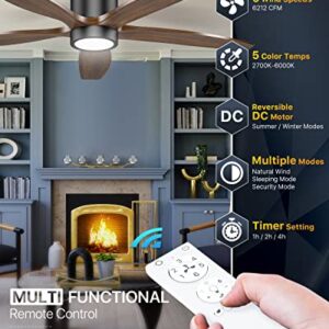 Ensenior 52” Ceiling Fan with Light Remote Control, 5CCT selectable, Dimmable, 1000 Lumens, 15W LED, 5 Wood Blades and Reversible DC Motor, for Bedroom and Living Room, Black, (338)
