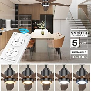 Ensenior 52” Ceiling Fan with Light Remote Control, 5CCT selectable, Dimmable, 1000 Lumens, 15W LED, 5 Wood Blades and Reversible DC Motor, for Bedroom and Living Room, Black, (338)