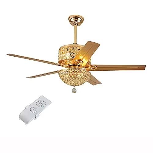 52 Inch Modern Luxurious Crystal Fan Chandelier Reversible Silent Ceiling Fan Light Three Wind Speed Adjustable with Remote Control 5 Blades Decorative Fan Light Fixture Bedroom Living Room(Gold）