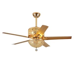 52 Inch Modern Luxurious Crystal Fan Chandelier Reversible Silent Ceiling Fan Light Three Wind Speed Adjustable with Remote Control 5 Blades Decorative Fan Light Fixture Bedroom Living Room(Gold）