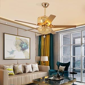 52 Inch Modern Luxurious Crystal Fan Chandelier Reversible Silent Ceiling Fan Light Three Wind Speed Adjustable with Remote Control 5 Blades Decorative Fan Light Fixture Bedroom Living Room(Gold）