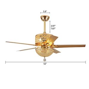 52 Inch Modern Luxurious Crystal Fan Chandelier Reversible Silent Ceiling Fan Light Three Wind Speed Adjustable with Remote Control 5 Blades Decorative Fan Light Fixture Bedroom Living Room(Gold）