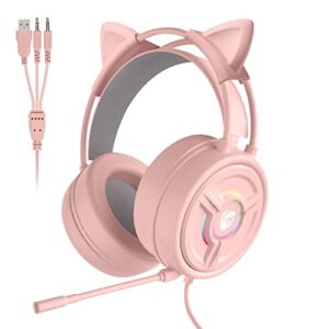 atrasee 7.1 surround sound cat ear gaming headset with mic for ps4 pc ps5 xbox one nintendo, noise cancelling kitty headphones w/led lights, soft earmuff, 3.5mm aux for mac laptop girls kids, pink