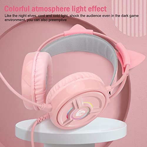 Atrasee 7.1 Surround Sound Cat Ear Gaming Headset with Mic for PS4 PC PS5 Xbox One Nintendo, Noise Cancelling Kitty Headphones w/LED Lights, Soft Earmuff, 3.5mm Aux for Mac Laptop Girls Kids, Pink