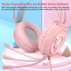 Atrasee 7.1 Surround Sound Cat Ear Gaming Headset with Mic for PS4 PC PS5 Xbox One Nintendo, Noise Cancelling Kitty Headphones w/LED Lights, Soft Earmuff, 3.5mm Aux for Mac Laptop Girls Kids, Pink