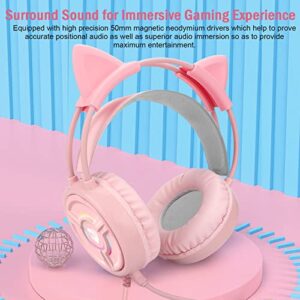 Atrasee 7.1 Surround Sound Cat Ear Gaming Headset with Mic for PS4 PC PS5 Xbox One Nintendo, Noise Cancelling Kitty Headphones w/LED Lights, Soft Earmuff, 3.5mm Aux for Mac Laptop Girls Kids, Pink