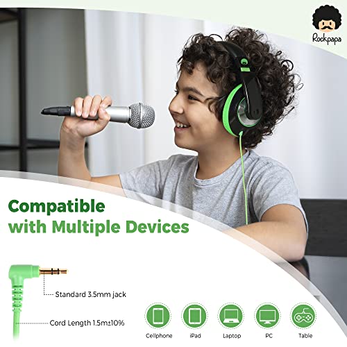 rockpapa Comfort Kids Headphones for School, Lightweight Childrens Boys Girls Teens Over-Ear Headphones Wired 3.5mm for CD DVD Player Tablet Phone Travel Black/Green