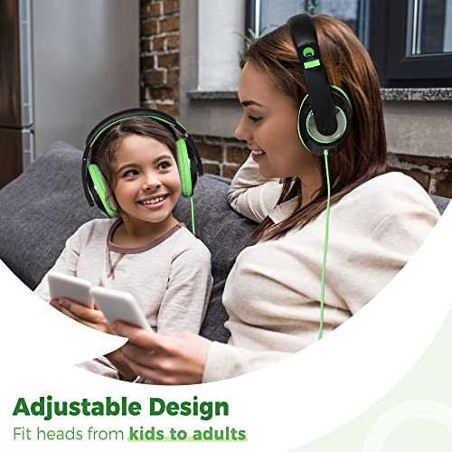 rockpapa Comfort Kids Headphones for School, Lightweight Childrens Boys Girls Teens Over-Ear Headphones Wired 3.5mm for CD DVD Player Tablet Phone Travel Black/Green