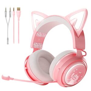 somic gs510 gaming headset, cat ear headset pc gaming headphones with retractable mic noise cancelling, stereo sound, diy face covers for pc, ps4, ps5, xbox one (only white led light)