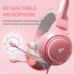 SOMIC GS510 Gaming Headset, Cat Ear Headset PC Gaming Headphones with Retractable Mic Noise Cancelling, Stereo Sound, DIY Face Covers for PC, PS4, PS5, Xbox One (Only White LED Light)