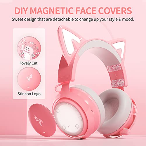 SOMIC GS510 Gaming Headset, Cat Ear Headset PC Gaming Headphones with Retractable Mic Noise Cancelling, Stereo Sound, DIY Face Covers for PC, PS4, PS5, Xbox One (Only White LED Light)