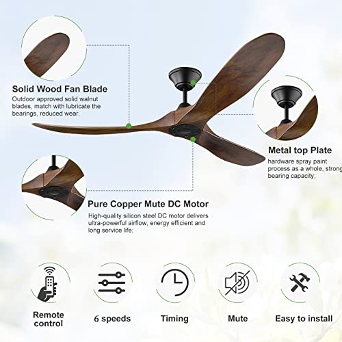 Outdoor Ceiling Fans without Light, 70" Modern Low Profile Flush Mount Ceiling Fan with Remote, 3 Blades Propeller Ceiling Fan No Lights for Patios Farmhouse Bedroom, 6-Speed, Quiet DC Motor, Timer