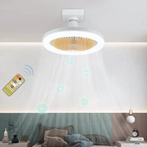 2-in-1 Round Modern White Electric Ceiling Fan Lights - Multifunctional Enclosed Low Profile E27 Dimmable LED Light Kit Gimbal Lamp Holder Ceiling Fan With Remote Control for Home Bedrooms (A)
