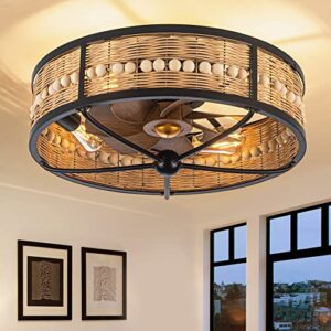ekiznsn boho caged ceiling fan with light, 20 inch modern boho bladeless ceiling fan, low profile flush mount ceiling fans with lights for bedroom (5 e26 bulbs included)