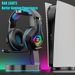 Ozeino Gaming Headset PS5 PS4 Headset with 7.1 Surround Sound, Gaming Headphones with Noise Cancelling Flexible Mic RGB LED Light Memory Earmuffs for PS5, PS4, Xbox one, PC, Mac