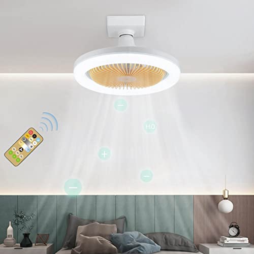 Modern Ceiling Fan with Lights, 10 inches Enclosed Bladeless Ceiling Fan with Remote Control, Flush Mount Low Profile LED Ceiling Fan Light with 3 Colors Dimmable, Smart Timer, Suitable for E27 Base