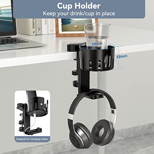 KDD Rotatable Headphone Hanger - 3 in 1 Under Desk Clamp Controller Stand Replaceable Cup Holder - Compatible with Universal Headset, Controller, Cup(Black)