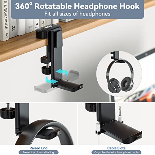 KDD Rotatable Headphone Hanger - 3 in 1 Under Desk Clamp Controller Stand Replaceable Cup Holder - Compatible with Universal Headset, Controller, Cup(Black)