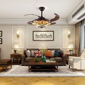 Yaminie 42" Tiffany Invisible Ceiling Fan,Retractable Invisible Ceiling Fan Retro Stained Glass LED Chandelier 3 Speeds 3 Light Changes Fandelier Chandelier Fan for Bedroom Dining Living Room