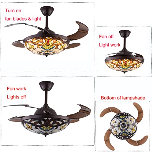 Yaminie 42" Tiffany Invisible Ceiling Fan,Retractable Invisible Ceiling Fan Retro Stained Glass LED Chandelier 3 Speeds 3 Light Changes Fandelier Chandelier Fan for Bedroom Dining Living Room