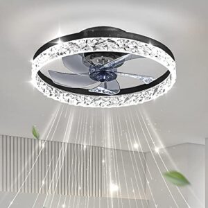 MORE CHANGE 20” Crystal Ceiling Fan with Light and Remote, Modern Enclosed Bladeless Fandelier Chandelier 3 Color Changes Flush Mount Low Profile Ceiling Fan for Living Dinning Room