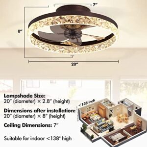 MORE CHANGE 20” Crystal Ceiling Fan with Light and Remote, Modern Enclosed Bladeless Fandelier Chandelier 3 Color Changes Flush Mount Low Profile Ceiling Fan for Living Dinning Room