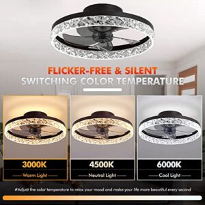 MORE CHANGE 20” Crystal Ceiling Fan with Light and Remote, Modern Enclosed Bladeless Fandelier Chandelier 3 Color Changes Flush Mount Low Profile Ceiling Fan for Living Dinning Room