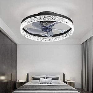 MORE CHANGE 20” Crystal Ceiling Fan with Light and Remote, Modern Enclosed Bladeless Fandelier Chandelier 3 Color Changes Flush Mount Low Profile Ceiling Fan for Living Dinning Room