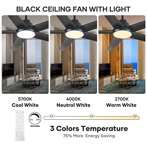 NWIASS Modern Farmhouse Ceiling Fans with Lights, 60" Black Outdoor Ceiling Fans for Patios, Low Profile Flush Mount Ceiling Fan with 5 Blades DC Motor for Indoor Bedroom Garage (60" Black-B)