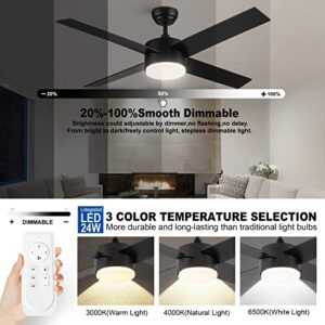 SNJ 52 inch Black Ceiling Fans with Lights and Remote, Low Profile, Modern, Ceiling Fan, Bedroom, Indoor, Outdoor, Home, Fandelier, LED, Dimmable, Tri-Color Temperature, Quiet Reversible, 1084…