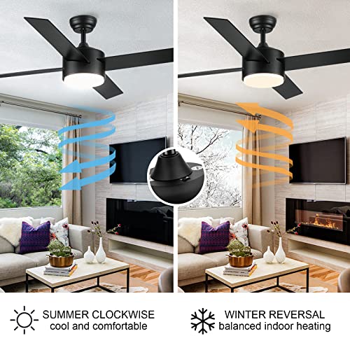 SNJ 52 inch Black Ceiling Fans with Lights and Remote, Low Profile, Modern, Ceiling Fan, Bedroom, Indoor, Outdoor, Home, Fandelier, LED, Dimmable, Tri-Color Temperature, Quiet Reversible, 1084…