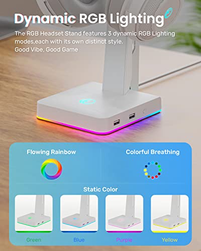 IFYOO RGB Gaming Headset Stand with 2 USB Ports, Game Headphone Mount for PC, Xbox One, PS4, Switch, Earphone Holder Hanger, Great for Gaming Stations, Fancy Desk Gamer Accessories, White