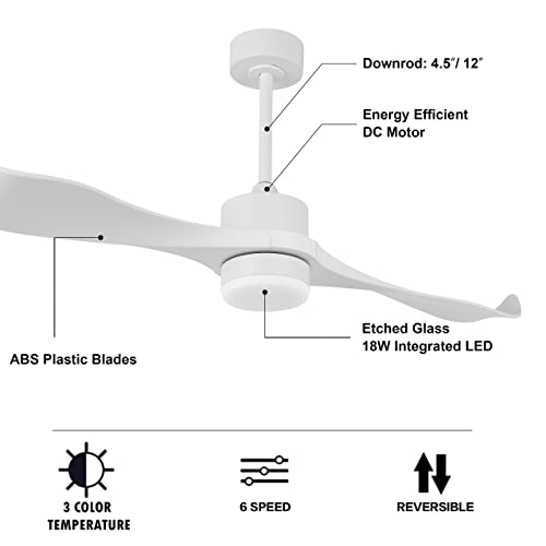 WINGBO 52" DC Ceiling Fan with Lights and Remote, White Ceiling Fan, 2 Curved ABS Blades, 6-Speed Reversible DC Motor, Modern Ceiling Fan for Kitchen Bedroom Living Room, ETL Listed