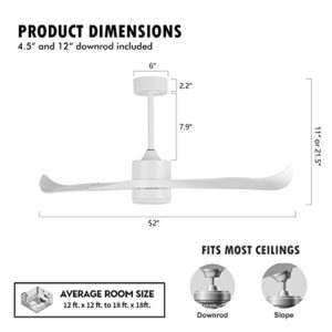 WINGBO 52" DC Ceiling Fan with Lights and Remote, White Ceiling Fan, 2 Curved ABS Blades, 6-Speed Reversible DC Motor, Modern Ceiling Fan for Kitchen Bedroom Living Room, ETL Listed