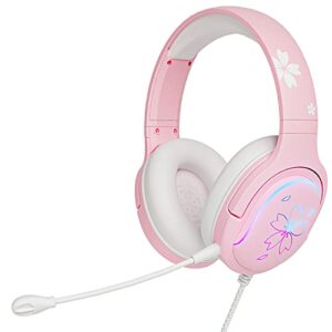 mytrix sakura pink cherry blossoms gaming headset, 360° rotation mic, soft earmuff headphone for ps4, ps5, xbox, pc & mac, switch, rgb gradient light effect (renewed)
