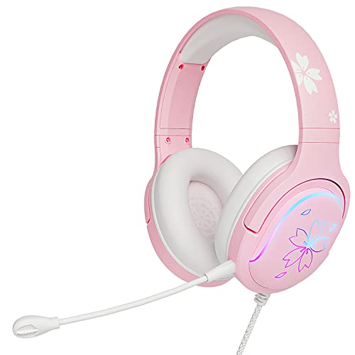 Mytrix Sakura Pink Cherry Blossoms Gaming Headset, 360° Rotation Mic, Soft Earmuff Headphone for PS4, PS5, Xbox, PC & MAC, Switch, RGB Gradient Light Effect (Renewed)