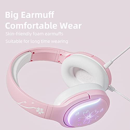 Mytrix Sakura Pink Cherry Blossoms Gaming Headset, 360° Rotation Mic, Soft Earmuff Headphone for PS4, PS5, Xbox, PC & MAC, Switch, RGB Gradient Light Effect (Renewed)