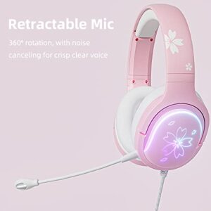 Mytrix Sakura Pink Cherry Blossoms Gaming Headset, 360° Rotation Mic, Soft Earmuff Headphone for PS4, PS5, Xbox, PC & MAC, Switch, RGB Gradient Light Effect (Renewed)