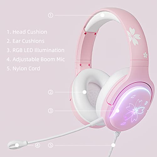 Mytrix Sakura Pink Cherry Blossoms Gaming Headset, 360° Rotation Mic, Soft Earmuff Headphone for PS4, PS5, Xbox, PC & MAC, Switch, RGB Gradient Light Effect (Renewed)