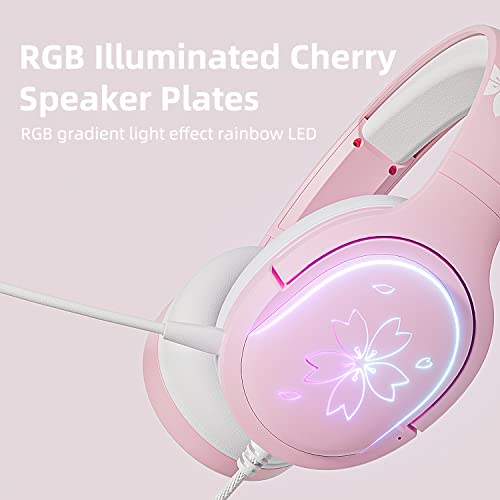 Mytrix Sakura Pink Cherry Blossoms Gaming Headset, 360° Rotation Mic, Soft Earmuff Headphone for PS4, PS5, Xbox, PC & MAC, Switch, RGB Gradient Light Effect (Renewed)