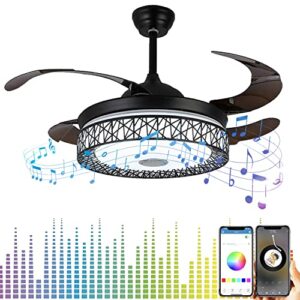morechange 42” retractable ceiling fans with lights and remote control, invisible modern chandelier fan lighting with bluetooth speaker play music 7 colorful dimmable fixture for bedroom/living room