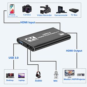 Capture Card Nintendo Switch, Video Capture Card, Game Capture Card 4K 1080P 60FPS, HDMI to USB 3.0 Capture Card for Streaming Work with PS4/PC/OBS/Camera